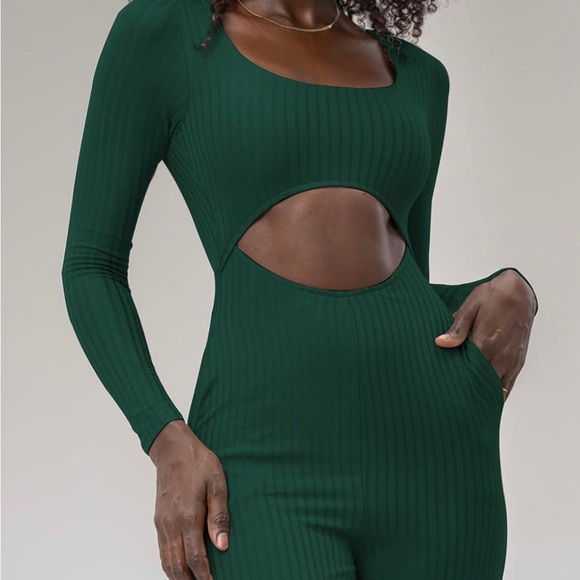 Fixmatti Womens Ribbed Wide Leg Jumpsuit Scoop Neck Long Sleeve Cutout Waist - Picture 8 of 8